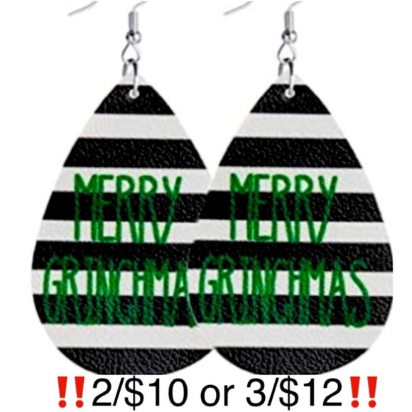 Grinch Faux Leather Merry Grinchmas Black and White Striped Christmas Earrings - Picture 1 of 7